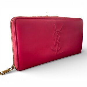Saint Laurent YSL Monogram Zip-Around Leather Wallet Fuchsia Pink 9x5